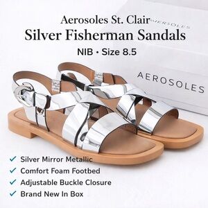 NEW Aerosoles St. Clair Silver Mirror Fisherman Sandals NIB 8.5M Chic Shoes